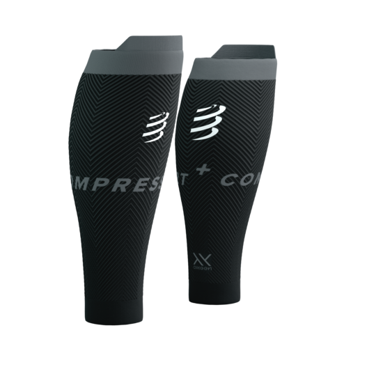 Sporta kompresijas getras Compressport R2 Oxygen, melnas ar tērauda pelēku